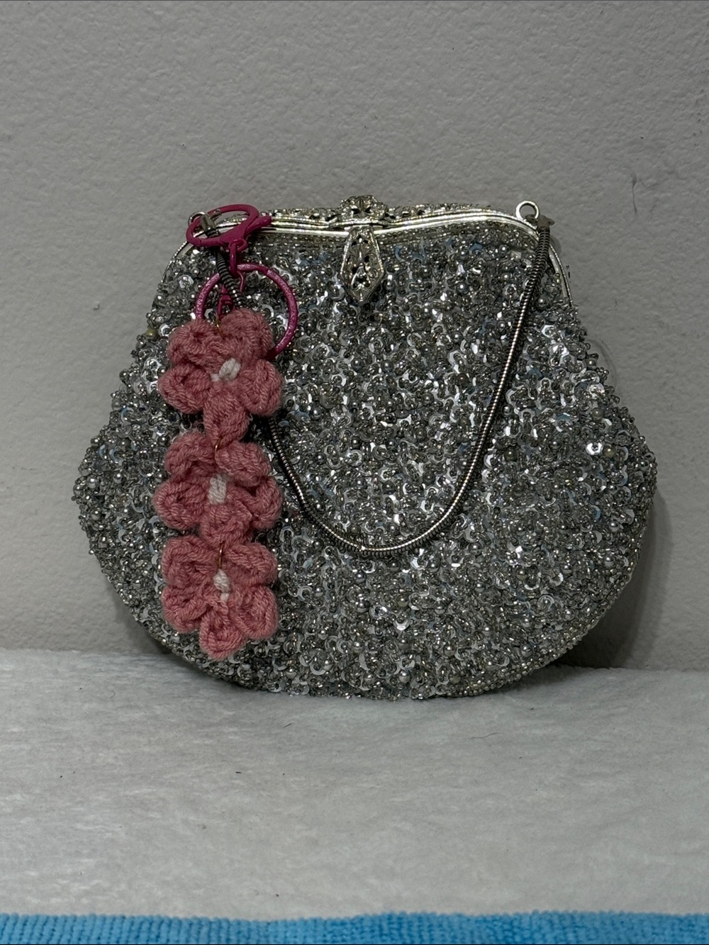 Source Unknown Silver Sequin Clutch with Pink Floral Charm